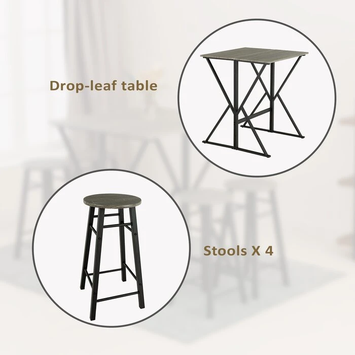 5-Piece Drop Leaf Pub Dining Table Set, Folding High Table with 4 Round Bar Stools for Kitchen Dining Room Coffee Breakfast