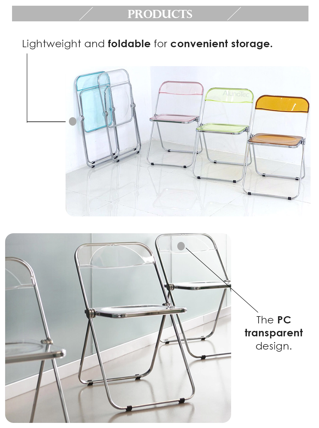 Cafe Seating and Tables Transparent Portable Folding Chairs in Rose Gold Plastic