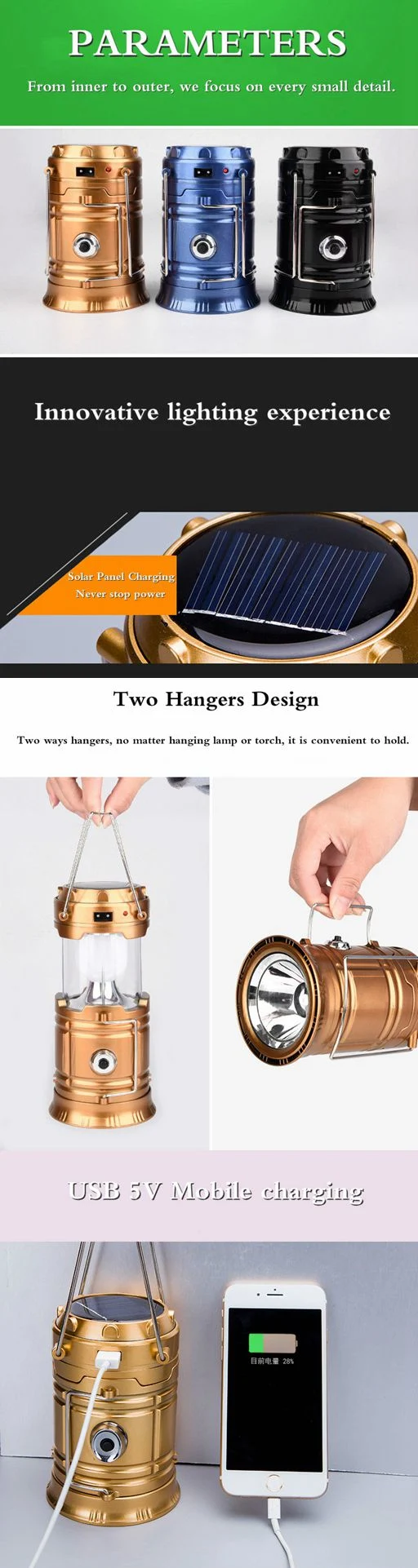 Mini Folding 6 LED Solar Camping Lamps LED Telescopic Camping Lights for Hanging