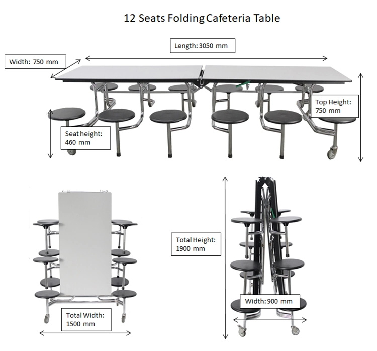 Contemporary Rectangular Mobile Folding Dining Canteen Table with 12 Stools Furniture