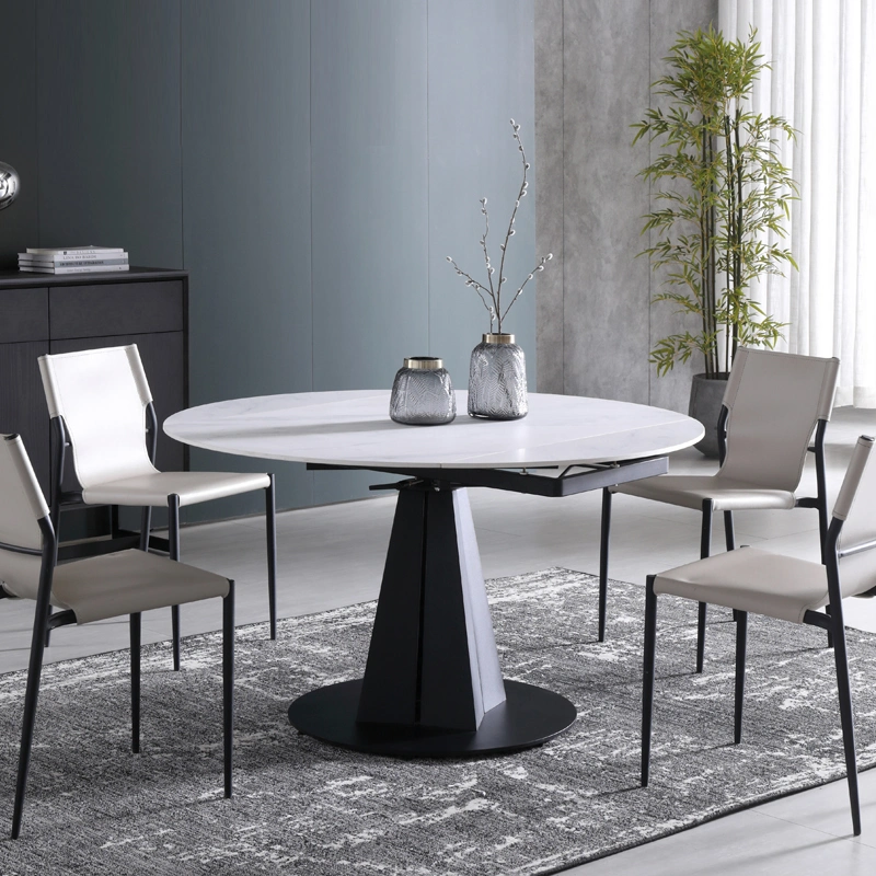 Metal Base Extend Round Dining Table with White Mable Top for Dining Room and Restaurant
