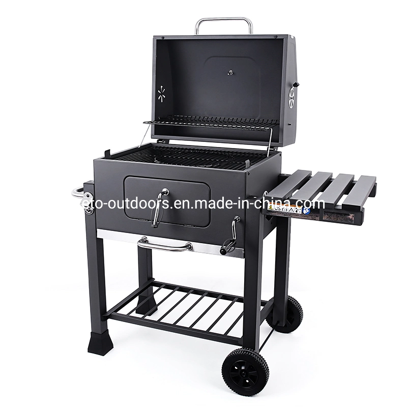 Garden Patio Charcoal Grill Portable BBQ Smoker Grill Square Trolley Cast Iron Grill