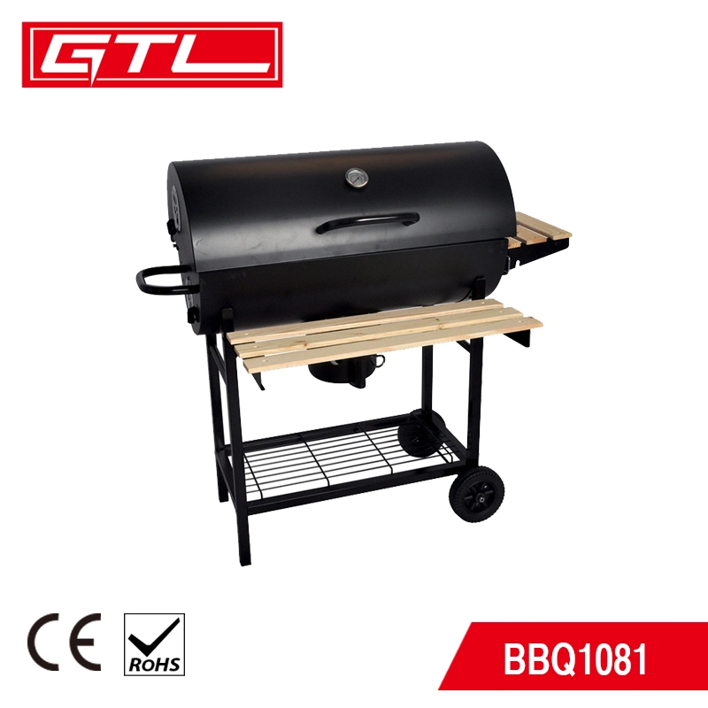 Charcoal Grill with Wooden Shelves Wind Shield 2 Wheels Portable Charcoal Barbecue Desk Tabletop Stainless Steel Smoker BBQ for Picnic Garden Terrace Camping