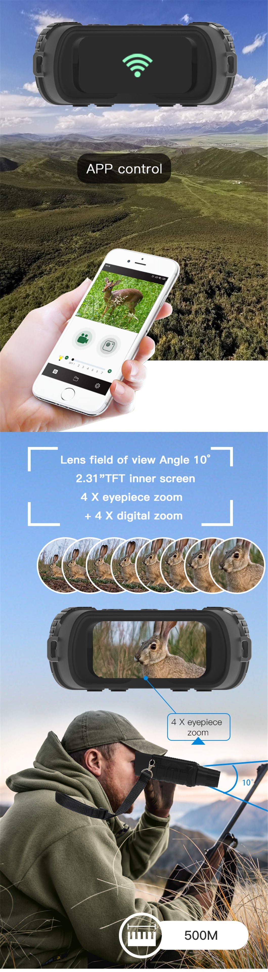WiFi 2.4 Inch TFT LCD 300m 3W IR Night Vision Hunting Binoculars Camcorder