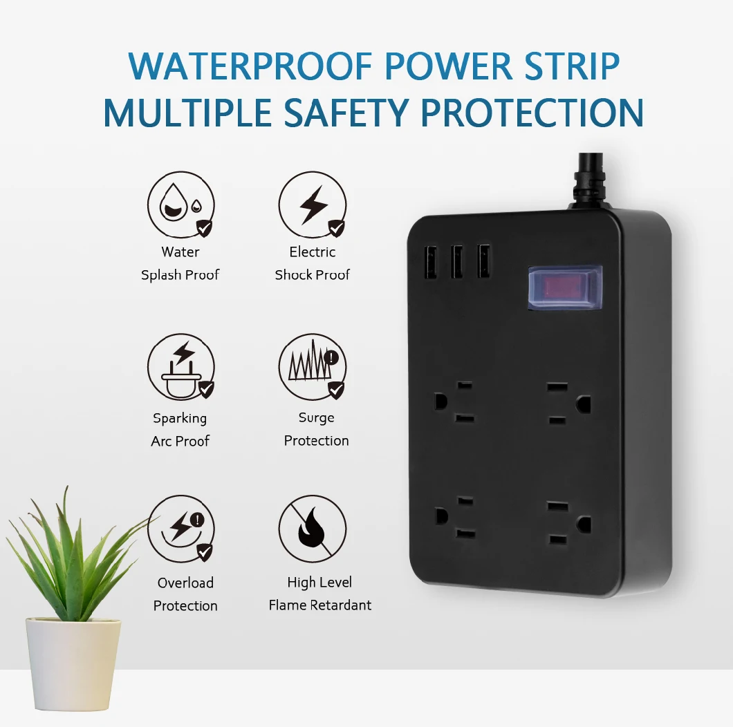 Factory Supply Power Supply Waterproof Power Strip with Surge Protector with 3.4A USB