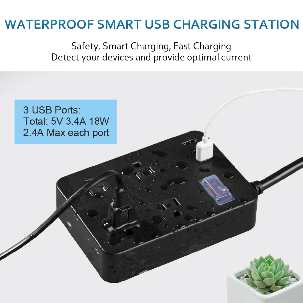 Factory Supply Power Supply Surge Protector Waterproof Power Strip with 3.4A USB