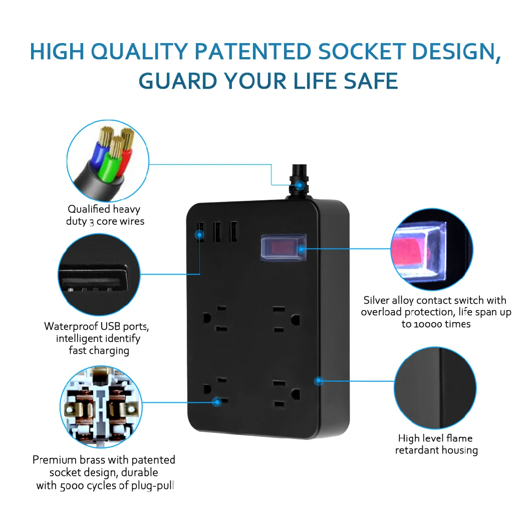 Patent Design Factory Supply Switch Socket Waterproof Power Strip with USB Power Supply