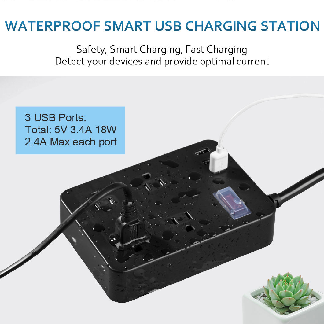 Factory Supply Power Supply Surge Protection Waterproof Power Strip with 3.4A USB