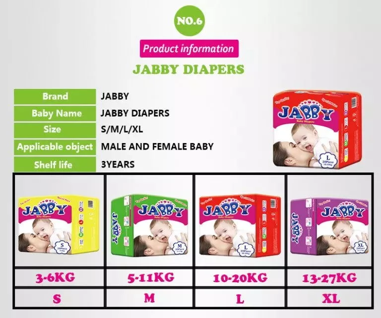 Jabby Hot Selling Baby Diapers Breathable and Dry Disposable Diapers