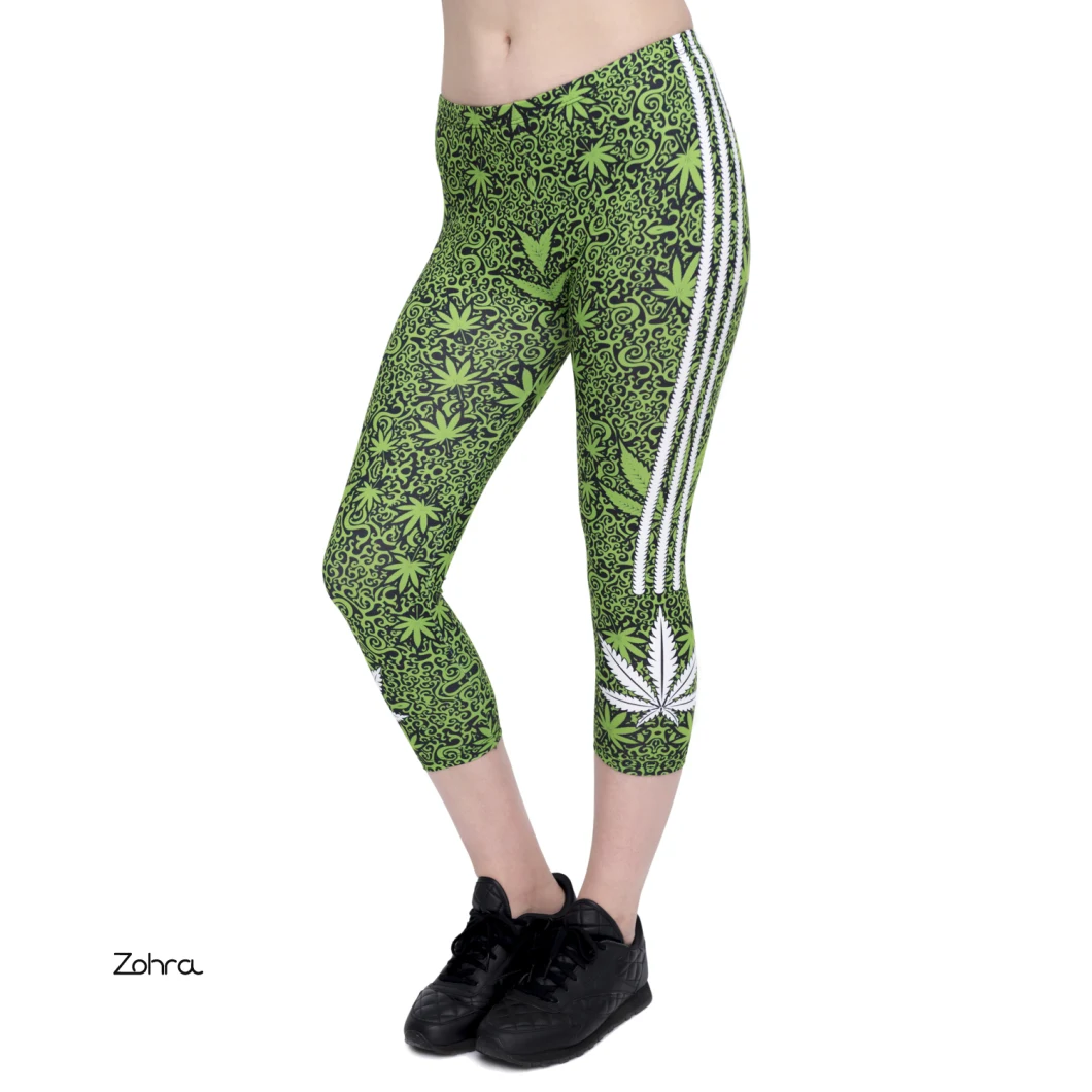 Ladies Slim Digital Print Marijuana-Stripes Fashion Cropped Pants Sexy Ladies Capri Leggings