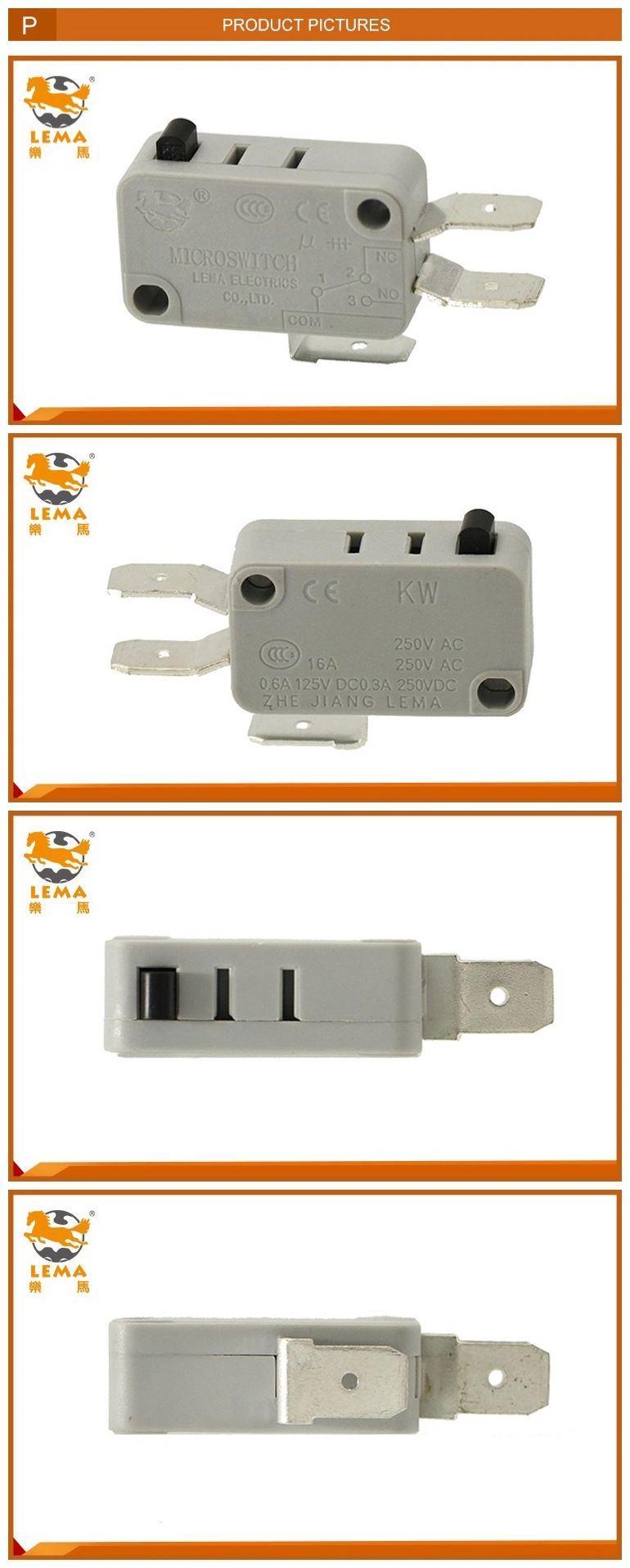 Lema Kw7-0u Grey Actuator Plastic Micro Switch T85 5e5 3 Pins Micro Switch