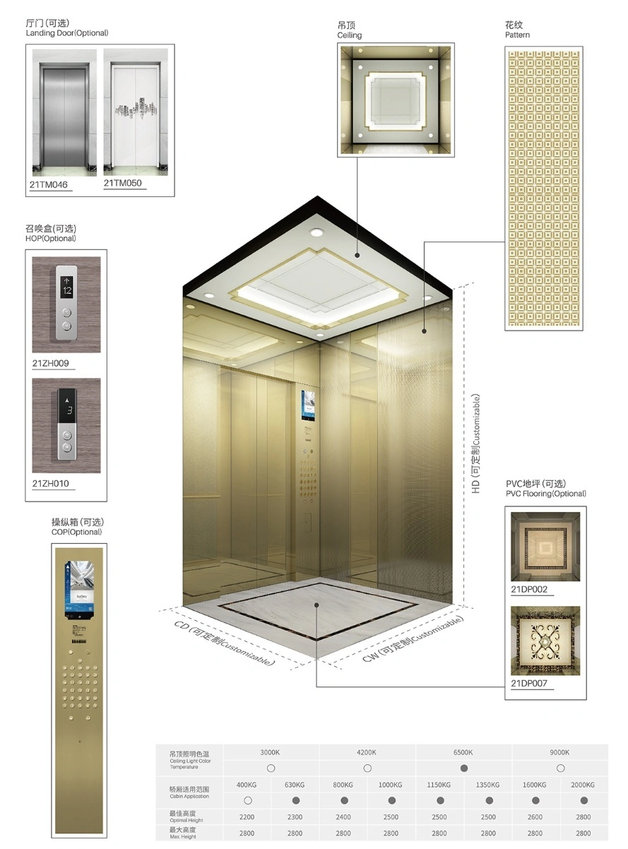 Safe Technology Champagne Gold Mirror Passenger Elevator with CE Certificate