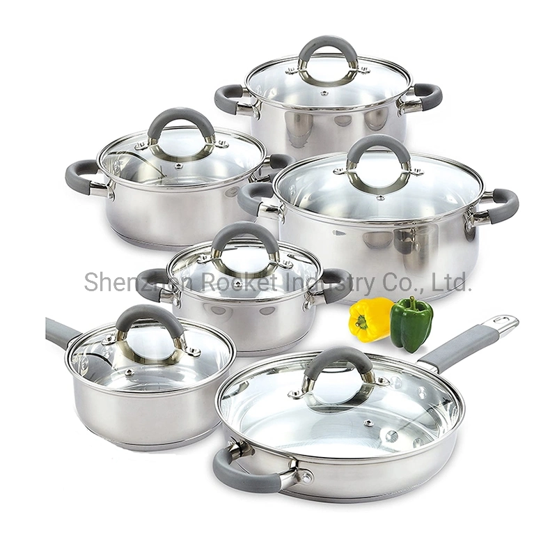 Color Silicone Handle Cooking Pots and Pans Stainless Steel Kitchen Home Use with Clear Glass Lid