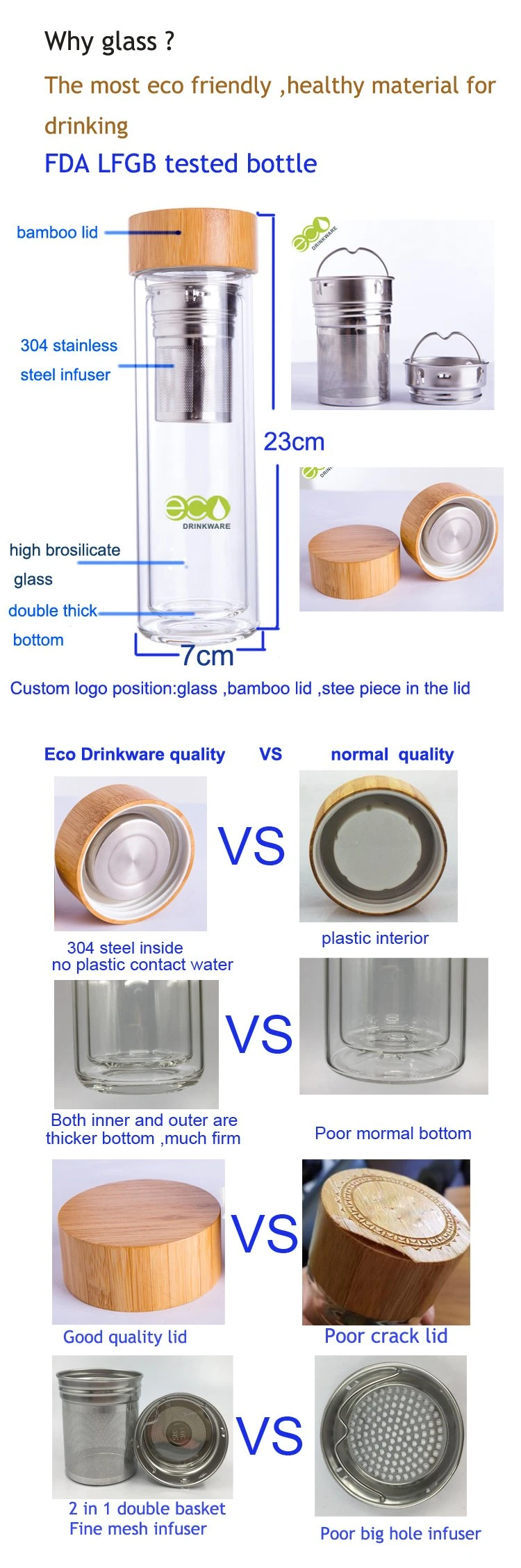 Ga6010 Bamboo Lid Glass Flask Glass Mug Filter Tea Bottle Borosilicate Glass Water Bottle Glass Tumbler Glass Cup