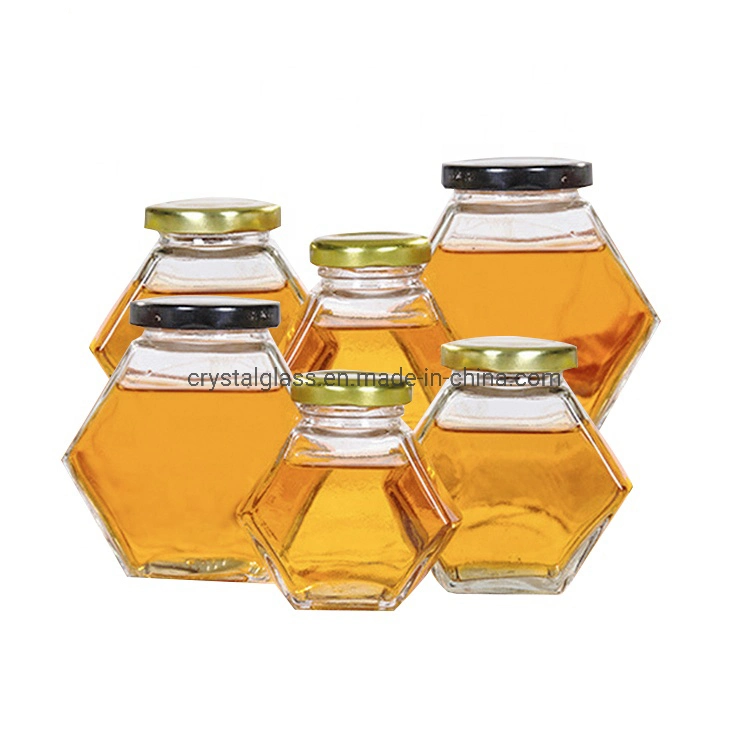 Empty Width Mouth Glass Hexagonal Honey Jar with Tinplate 100ml 180ml 280ml 380ml