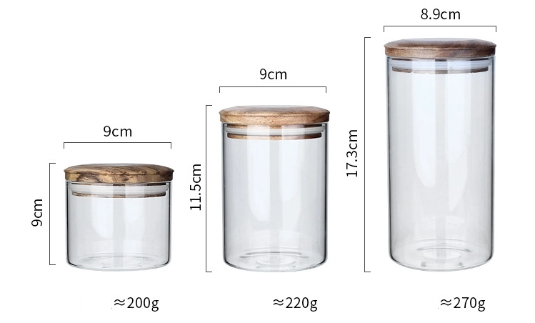 250ml 480ml 750ml Borosilicate Glass Wood Lid Airtight Storage Jar