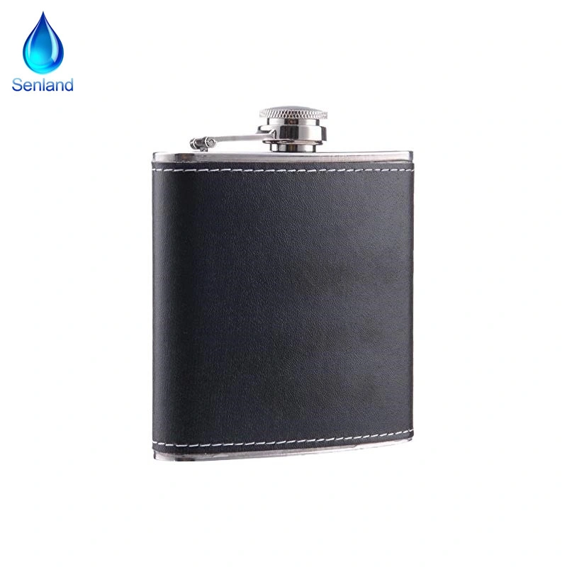 Pocket Hip Flask 8 Oz with Funnel - 18/8 Stainless Steel with Black Leather Wrapped Cover