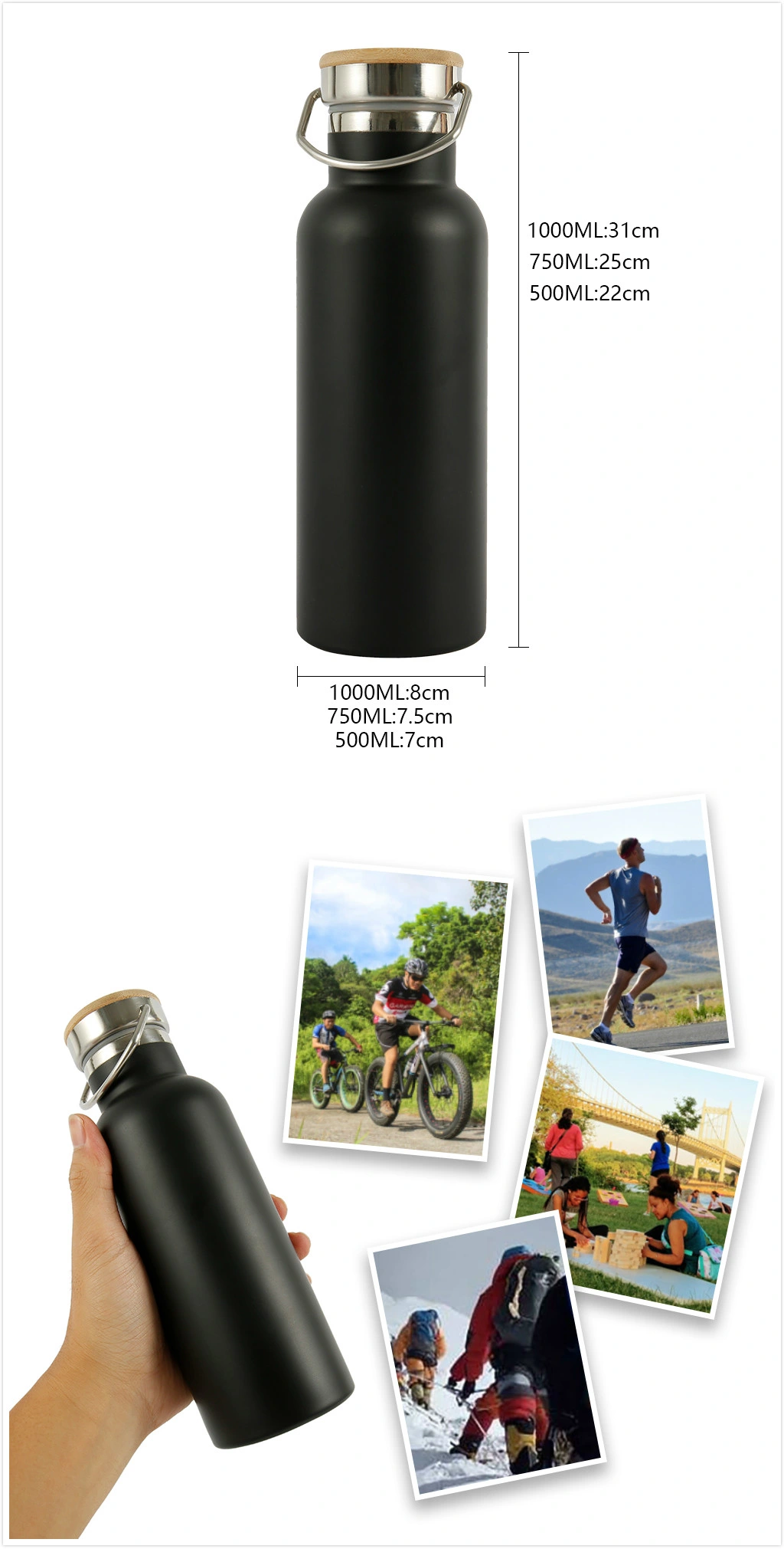 Mouth Sport Water Bottle Double Wall Vacuum Flask with Different Lids
