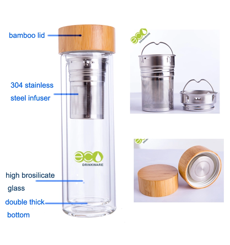 Ga6010 Bamboo Lid Glass Flask Glass Mug Filter Tea Bottle Borosilicate Glass Water Bottle Glass Tumbler Glass Cup