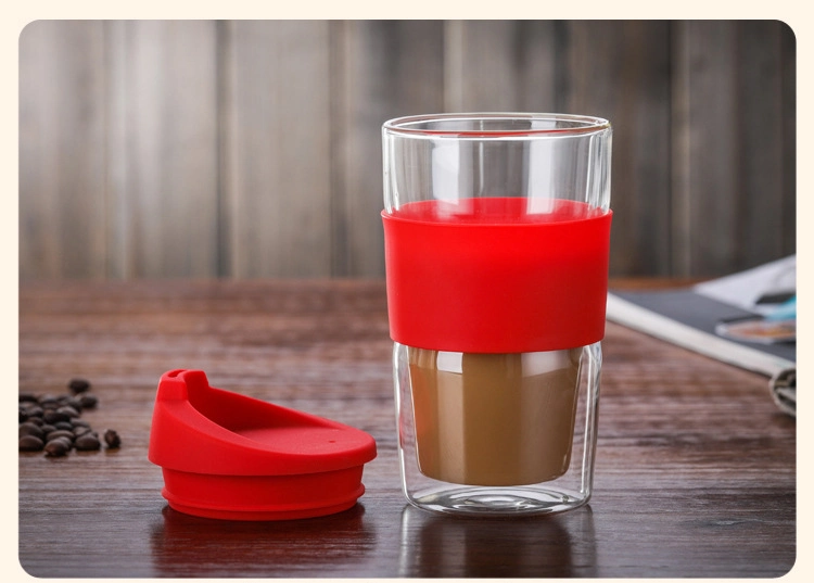 14oz 400ml Double Wall Glass High Borosilicate Travel Mug Coffee Cup with Silicone Lid and Sleeve