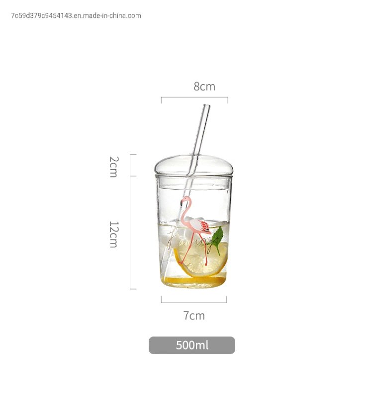 500ml Pyrex Borosilicate Glass Water Flamingo Cup with Straws and Glass Lid