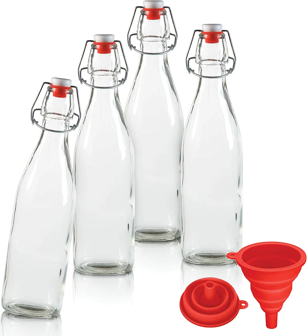 Glass Swing Top Bottles with Funnel - Set of 4 - Clear Grolsch Bottle with Flip Top Lids - for Home Brewing Beer, Wine, Soda, Kombucha Fermentation - Reusable E