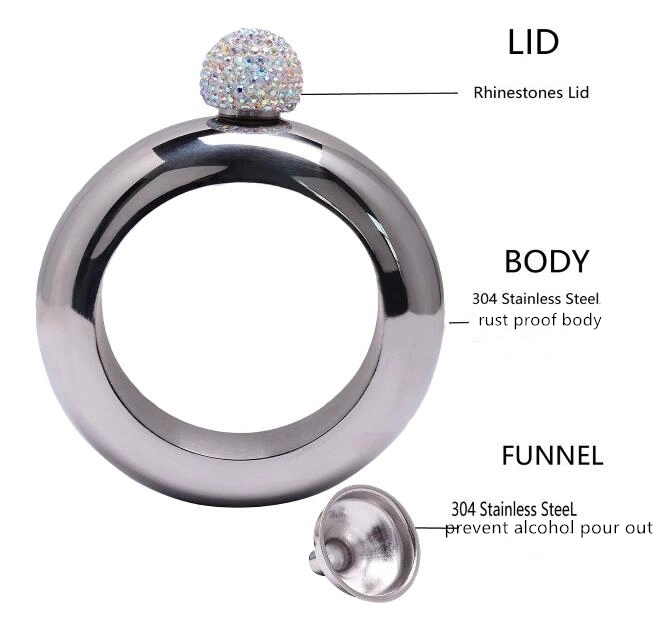 3.5oz Stainless Stainless Bangle Hip Flask with Rhinestone Lid with Funnel Set for Women