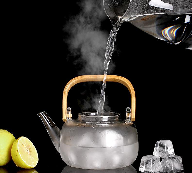 Heat Resistant Glass Tea Pot with Glass Tea Strainer Box and Bamboo Handle