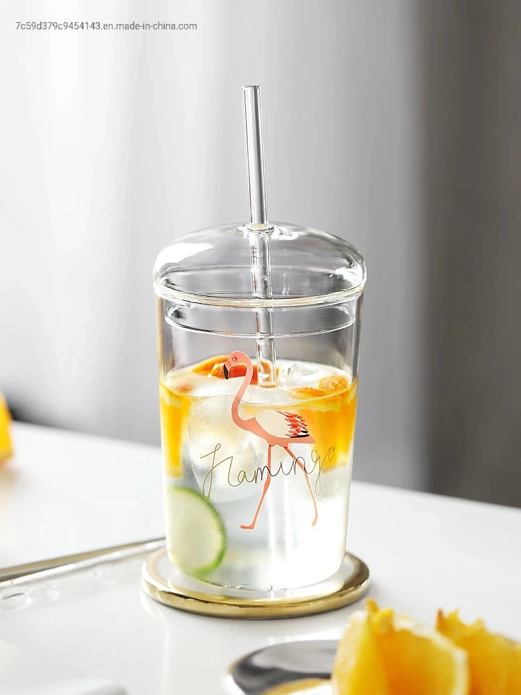 500ml Pyrex Borosilicate Glass Water Flamingo Cup with Straws and Glass Lid