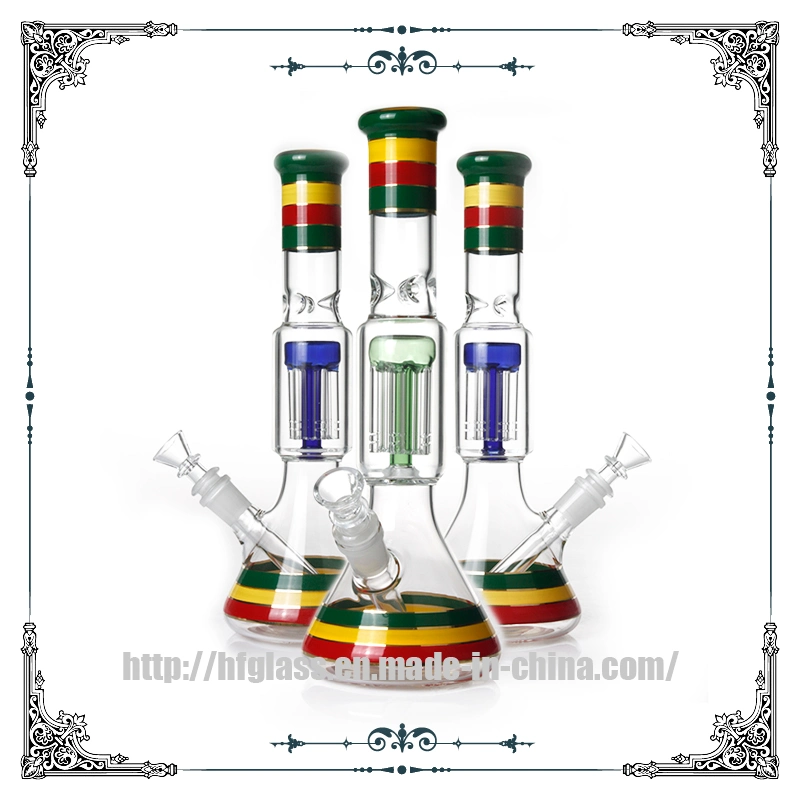 Rasta Color Glass Beaker Water Pipes Six Tree Arms Perc Hookah Pipe Wholesale