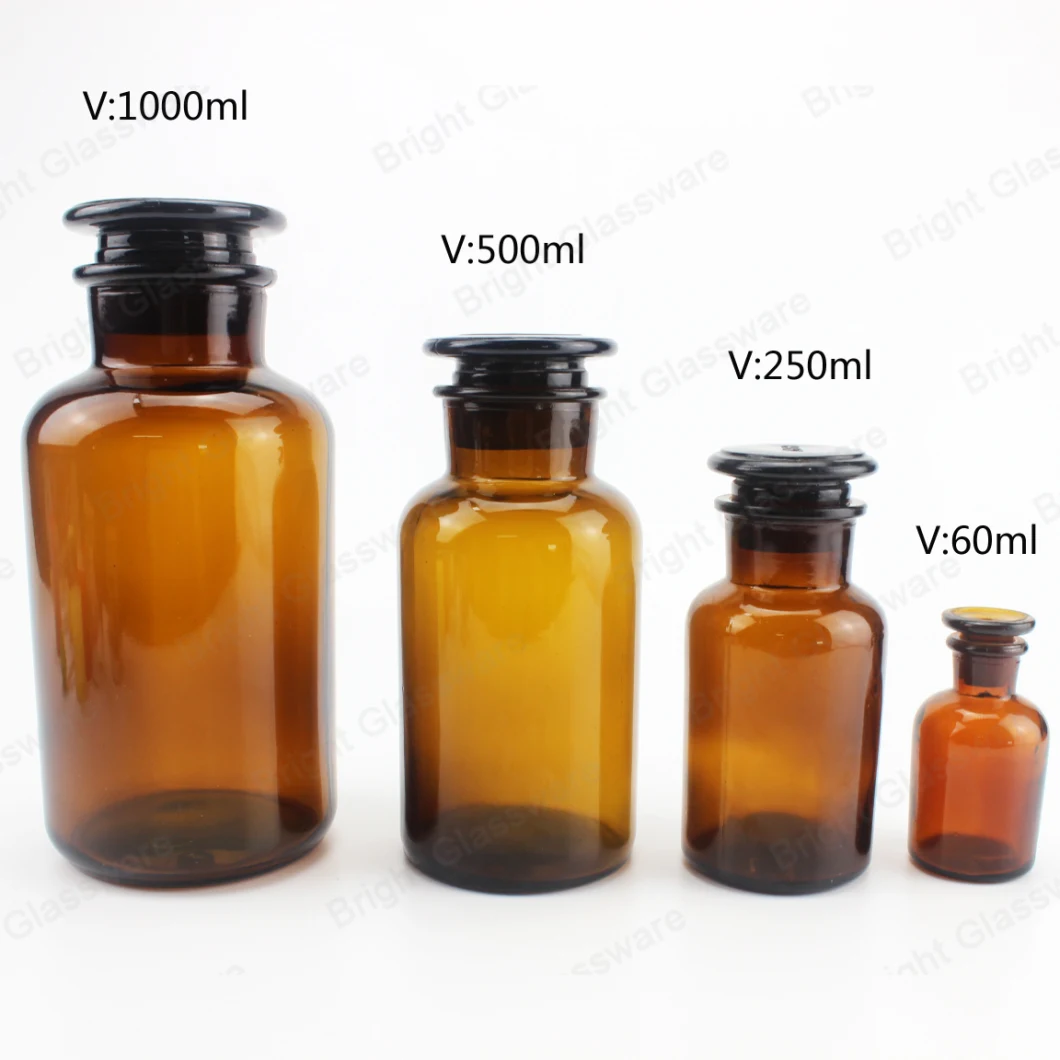 250 Ml 1000 Ml Wide Mouth Lab Chemical Glass Pharmacy Reagent Amber Bottle with Glass Stopper
