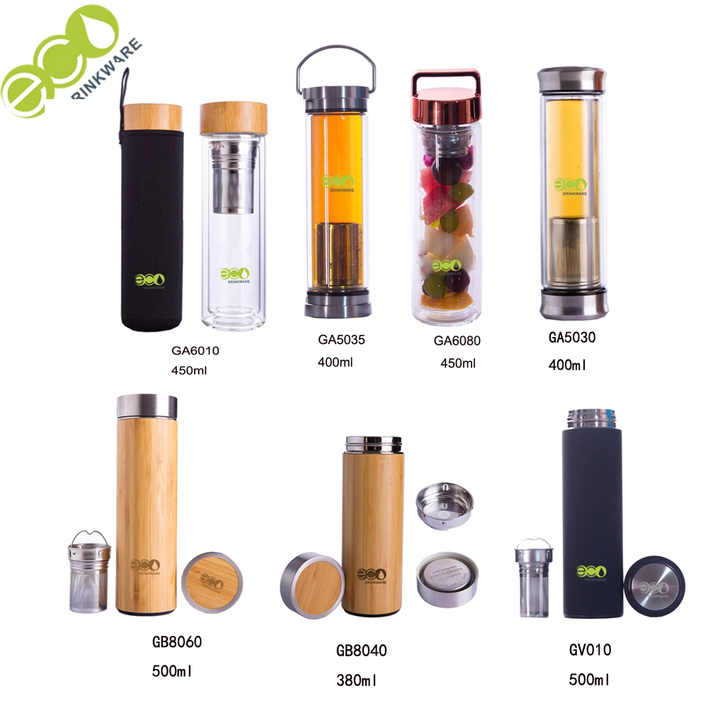 Ga6010 Bamboo Lid Glass Flask Glass Mug Filter Tea Bottle Borosilicate Glass Water Bottle Glass Tumbler Glass Cup