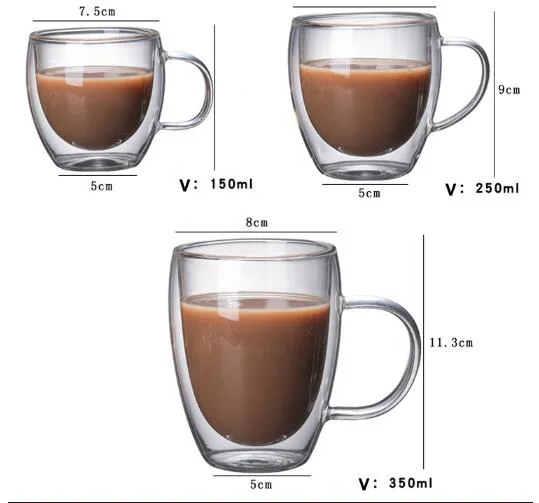 Glassware Coffee Glass Cups Clear Borosilicate Double Wall Glass Coffee Tea Mug with Handle
