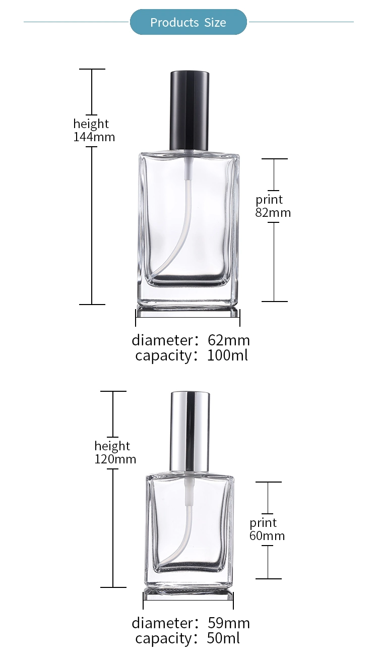 Wholesale 30ml Rectangular Glass Bottle with Aluminum Spray Lid Perfume Glass Bottle 50ml 100ml