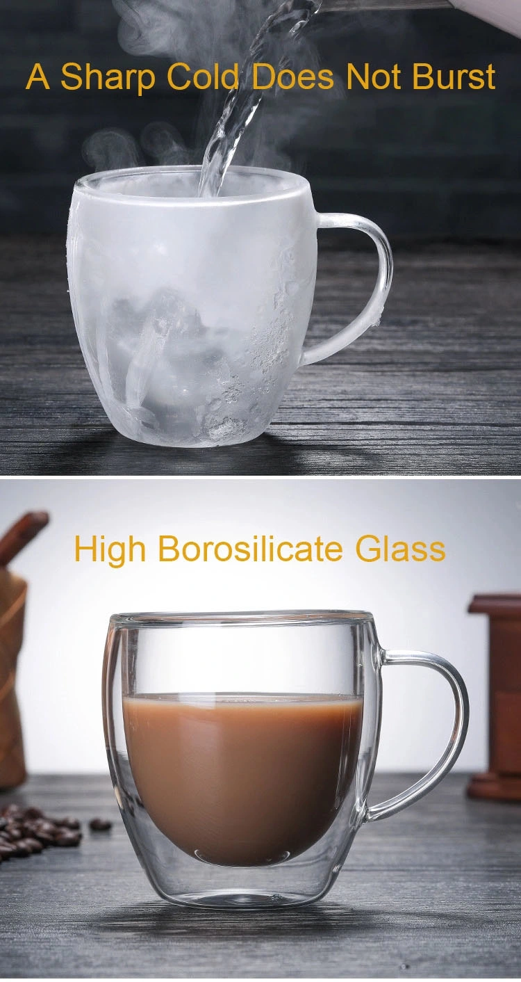 250ml Double Wall Heat Resistant Handmade Glass Crystal Glass Tea Mug with Handle