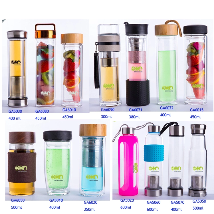 Ga6010 Bamboo Lid Glass Flask Glass Mug Filter Tea Bottle Borosilicate Glass Water Bottle Glass Tumbler Glass Cup