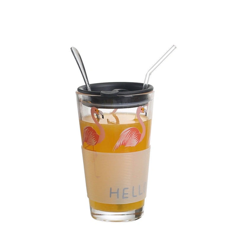 SGS Certificate Glassware 450ml Custom Made Glass Cup 15oz Drinking Glassware Cup with Straw and Lid