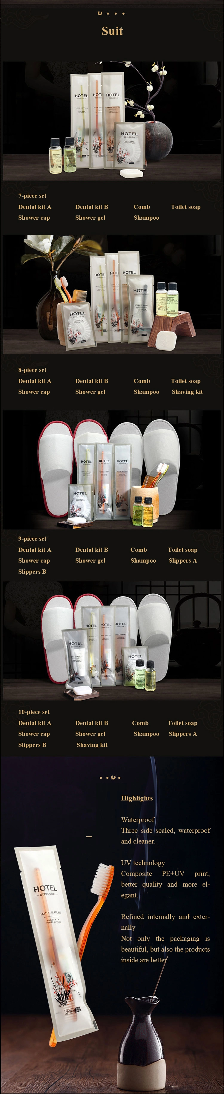 5 Star Amenity Set with Luxury Hotel Shampoo in Shiny Cosmetic Bottle Dimensions