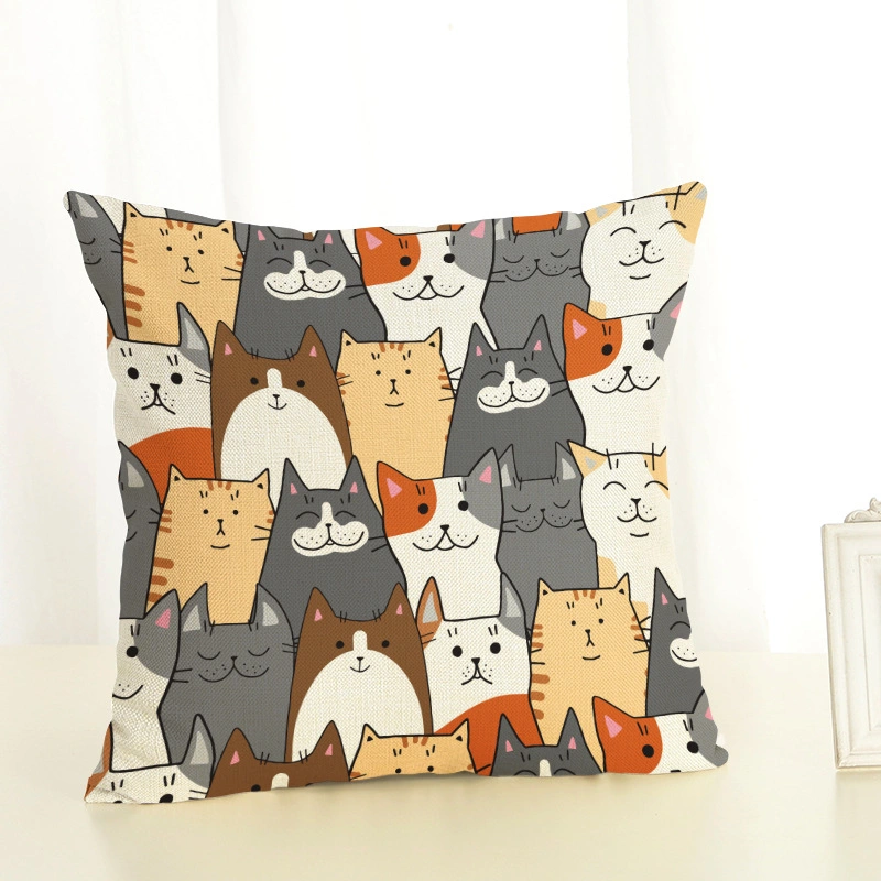Cartoon Cute Pink Blue White Grey Cats Linen Pillowcase Living Room Sofa Cushion Cover