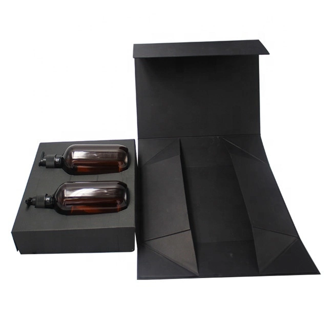 Logo Custom Luxury Shampoo Packaging Rigid Black Foldable Cardboard Box with Foam Insert