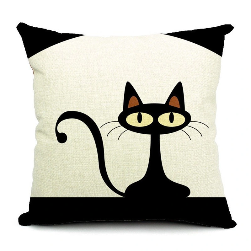 Black White Yellow Cats Cartoon Linen Pillowcase Living Room Sofa Cushion Cover