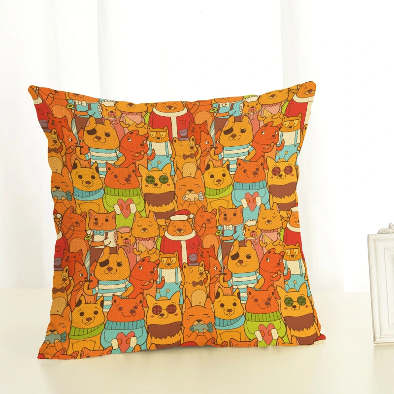 Cartoon Cats and Dog Funny Linen Pillowcase Living Room Sofa Cushion Cover
