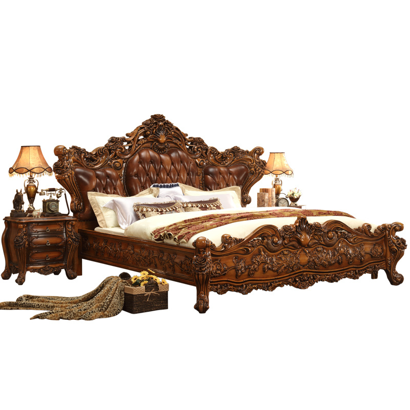 Wood Carved Bedroom Bed with Dresser in Optional Furniture Color