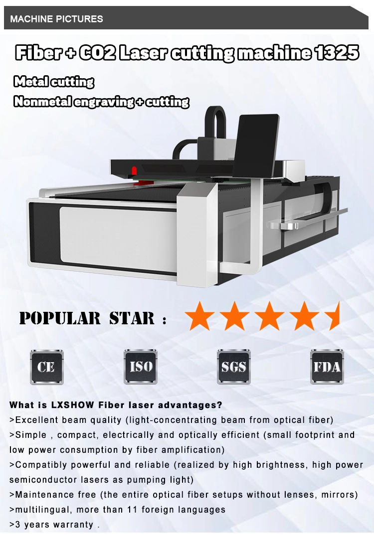 High Efficiency 500W 750W 1000W 1325 Metal Plate Fiber CO2 Laser Cutting Machine Price