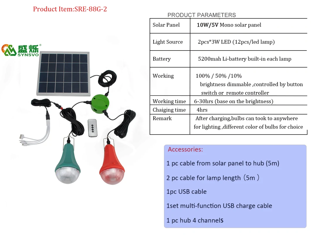 Portable Solar Lamp with Two Bulbs and USB Charger/Cable Charging for Mobile Phone