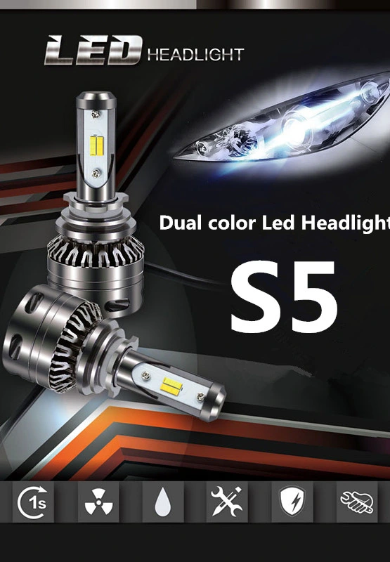 Auto Parts Car S5 LED Bulb Brightest 6000lm 9006 with White and Yellow Dual Color LED Headlight