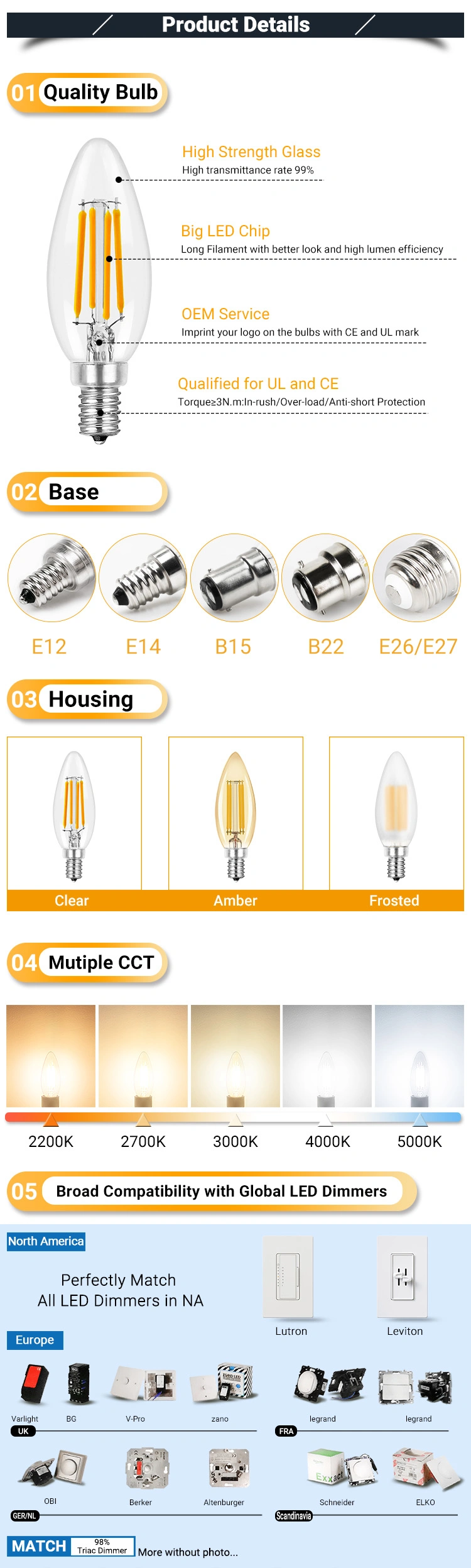 Dimmable LED Candle Bulbs LED Chandelier Bulb E12 E14 LED Light Bulb