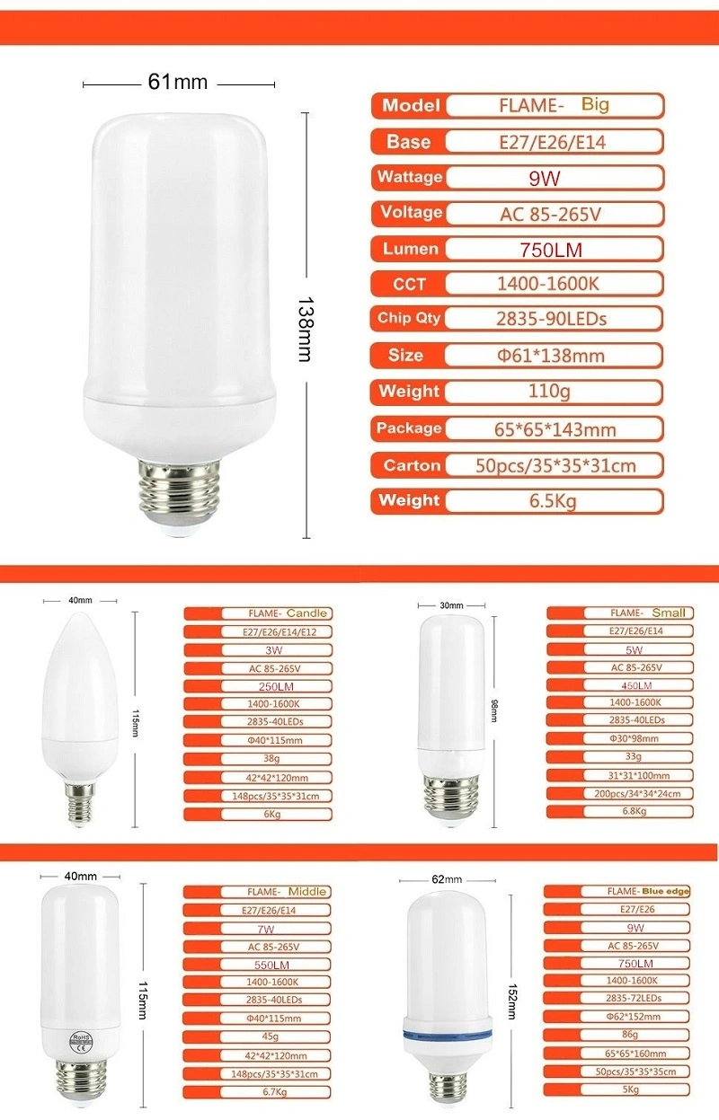 3W E14 E27 E12 E26 B22 LED Flame Bulb 85-265V LED Flame Flickering Emulation Atmosphere Light