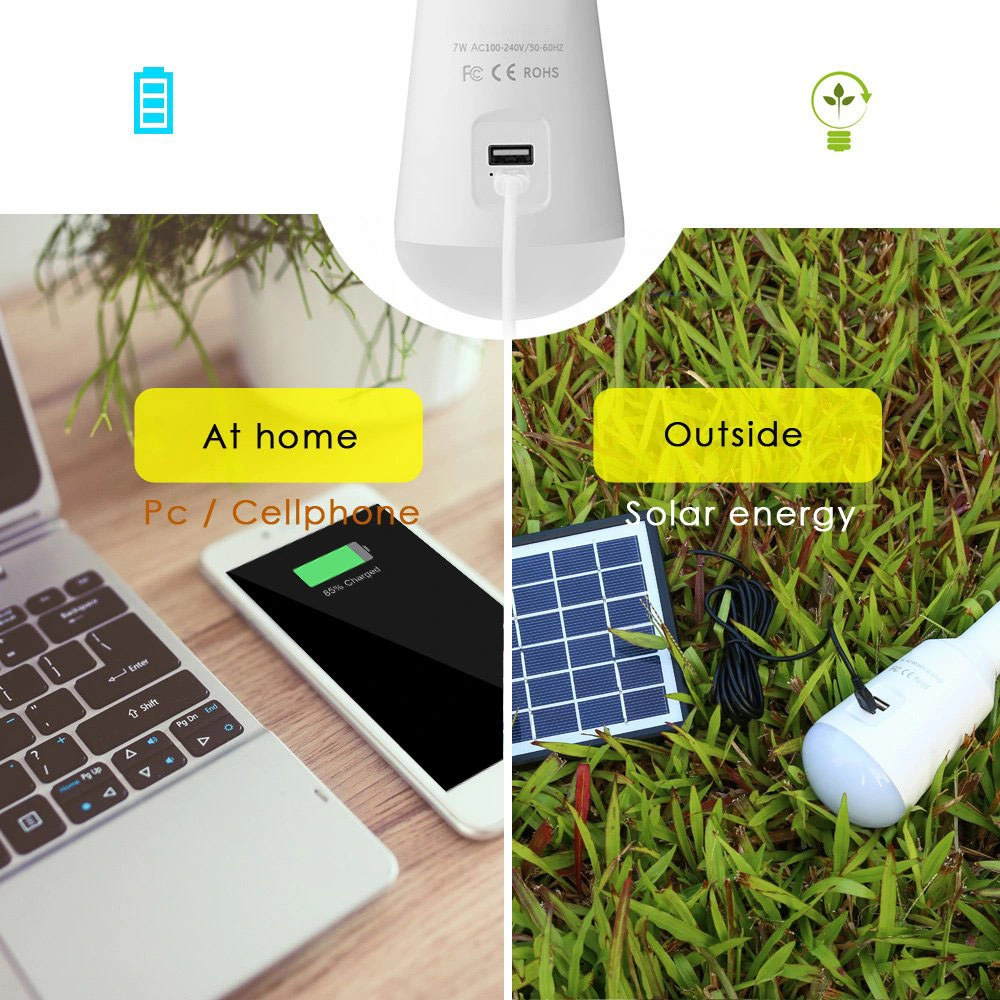 7W Rechargeable LED Emergency Bulb with AC Charing/Solar Charging/USB Charging