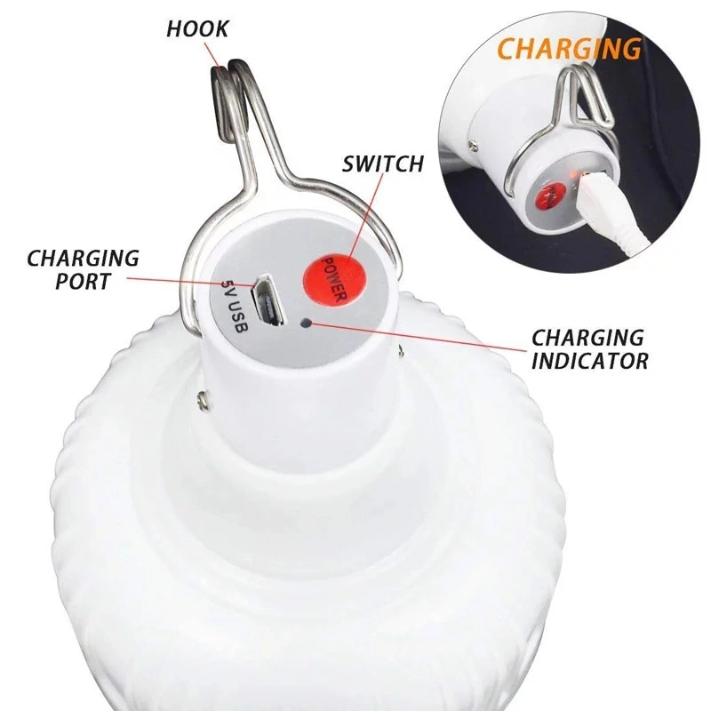 Camping Hike USB Charging Rechargeable Emergency LED Light Bulb for Outdoor Tent Light Bulb with Hook